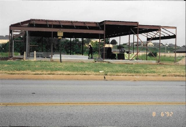 Steel building frame under construction.