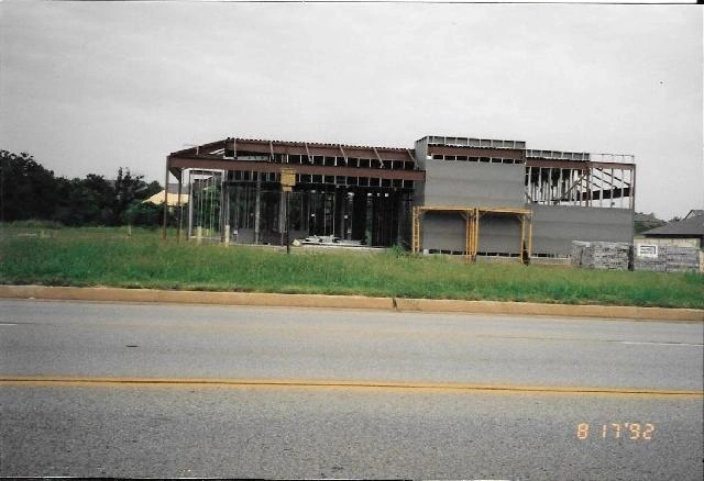 Steel building frame under construction.